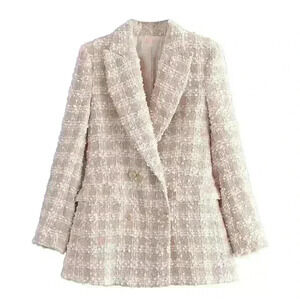 Beige Nude Plaid Tweed Blazer